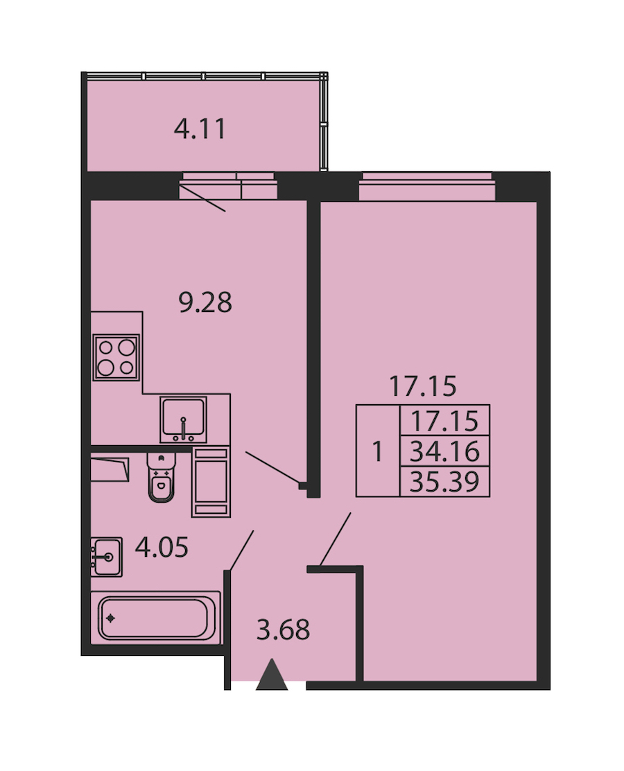 1-комнатная квартира 34.16 м², 2/12 эт., ЖК «Полис ЛАВрики»